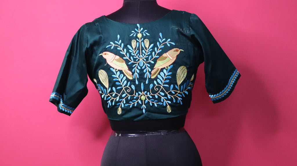 Dark Green Embroidered Designer Blouse for Women | Bird Motif Ethnic Readymade Blouse