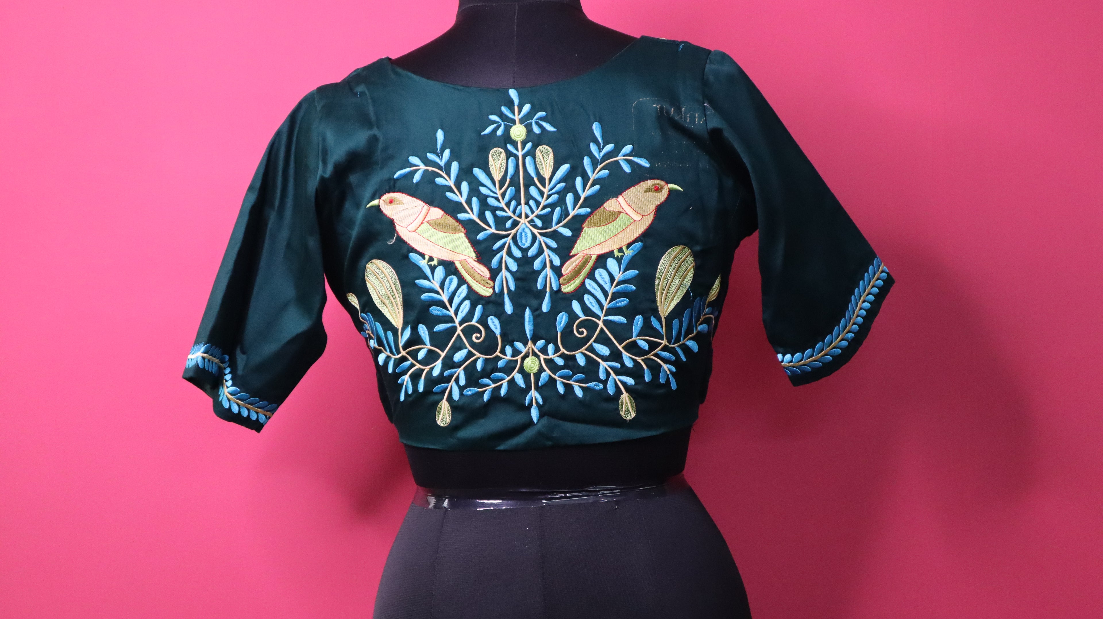 Dark Green Embroidered Designer Blouse for Women | Bird Motif Ethnic Readymade Blouse
