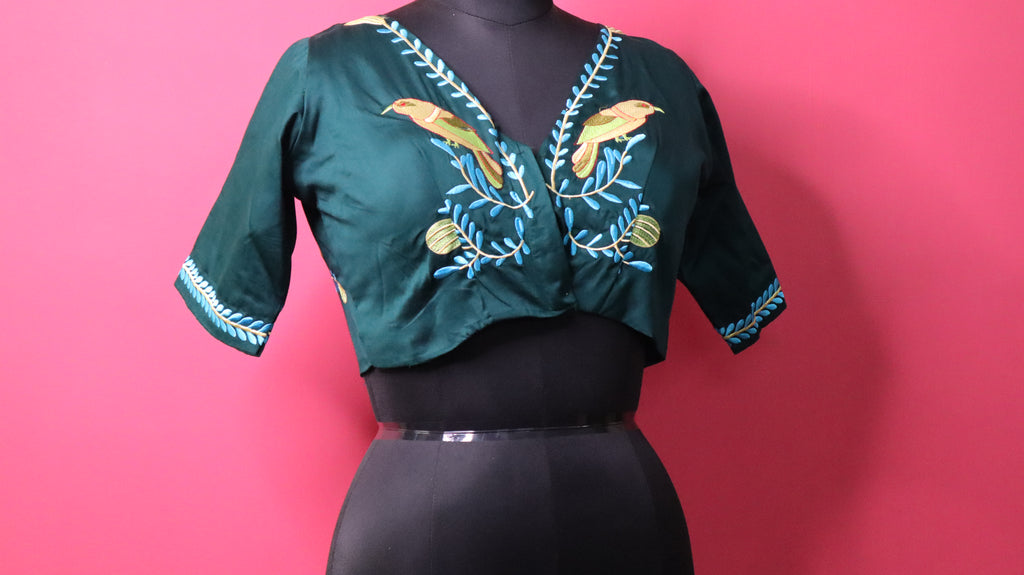 Dark Green Embroidered Designer Blouse for Women | Bird Motif Ethnic Readymade Blouse