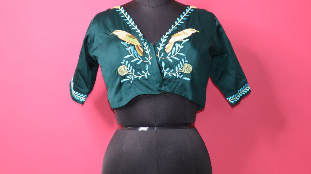 Dark Green Embroidered Designer Blouse for Women | Bird Motif Ethnic Readymade Blouse