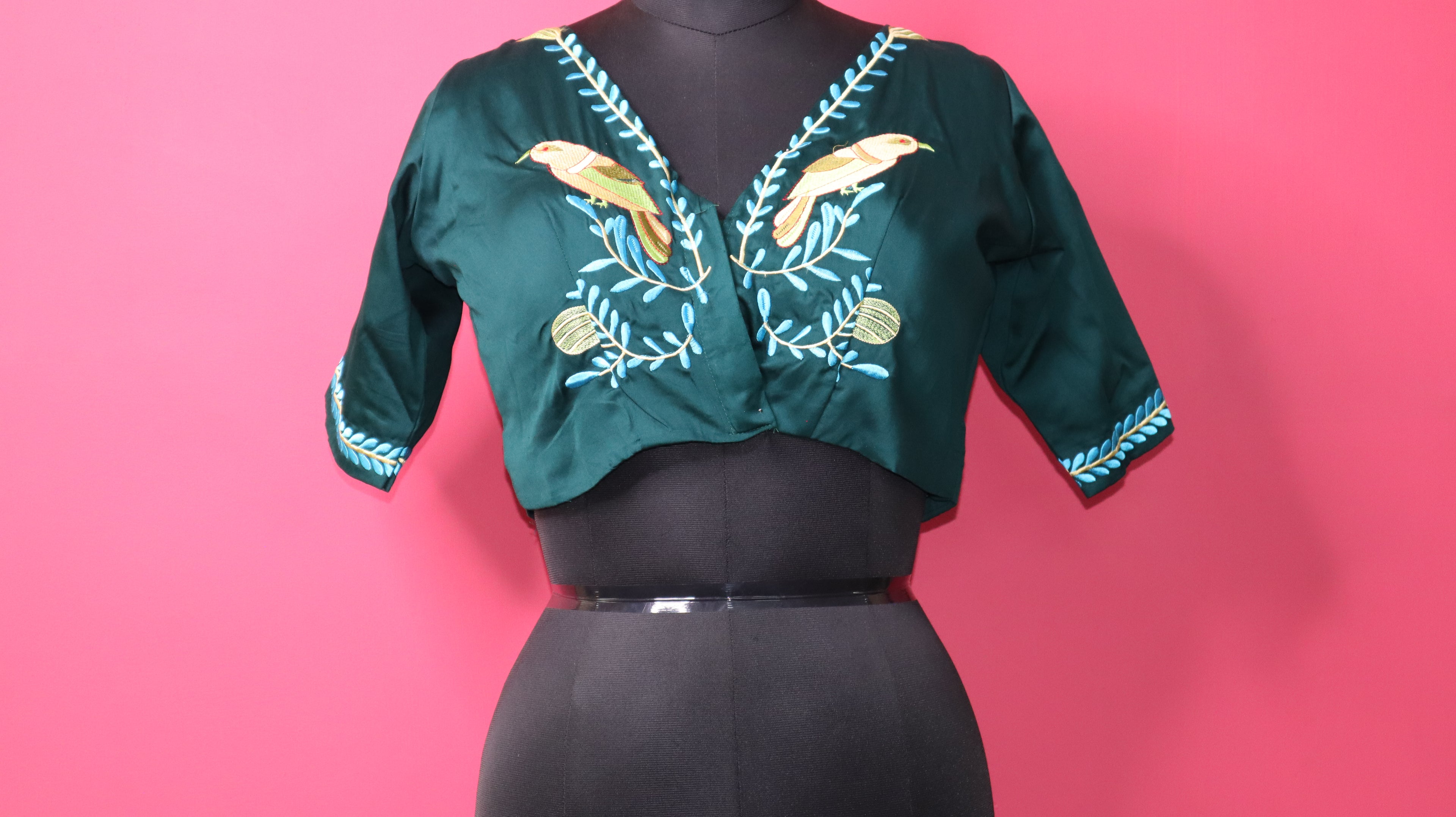 Dark Green Embroidered Designer Blouse for Women | Bird Motif Ethnic Readymade Blouse