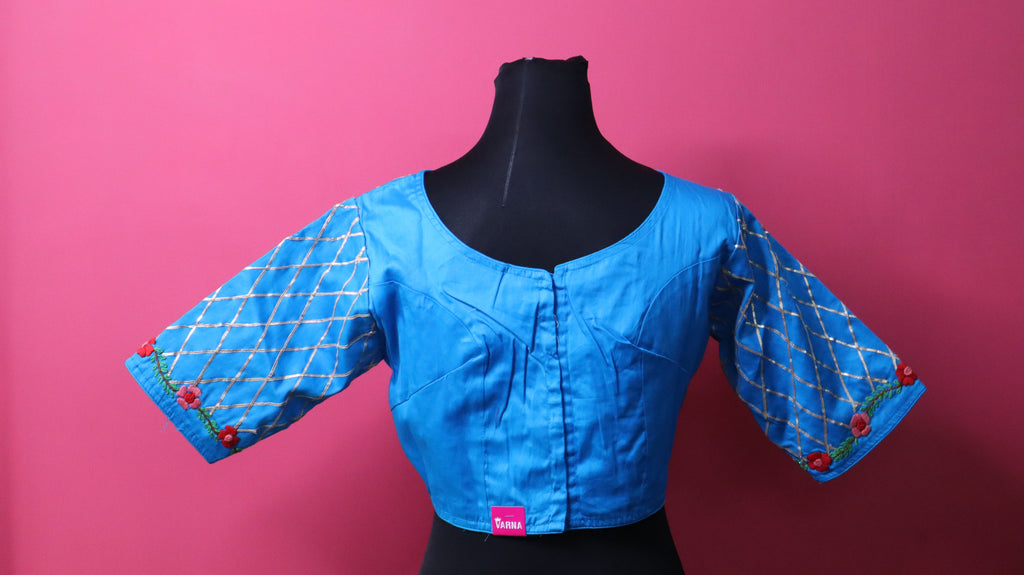 Sky Blue Embroidered Designer Blouse with Geometric Sleeve Detailing