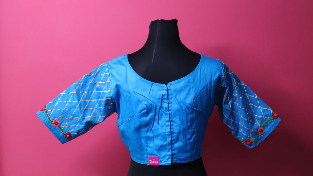 Sky Blue Embroidered Designer Blouse with Geometric Sleeve Detailing