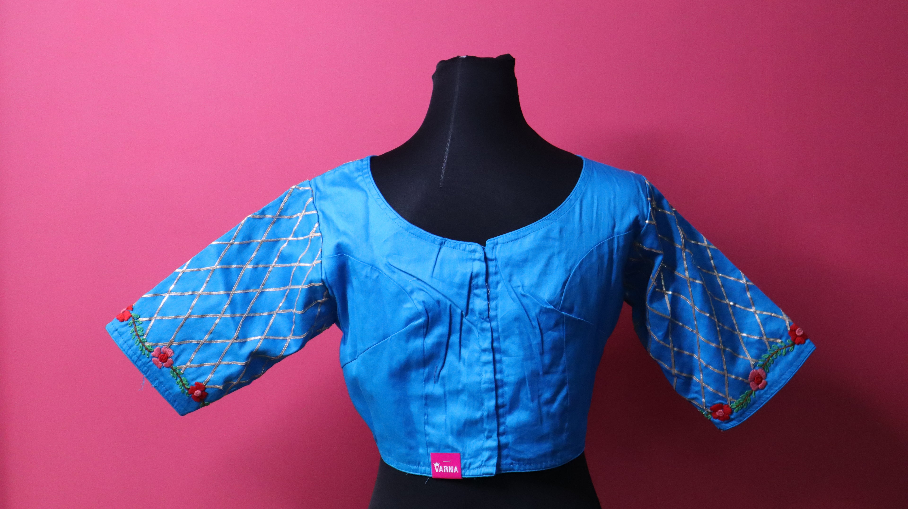 Sky Blue Embroidered Designer Blouse with Geometric Sleeve Detailing