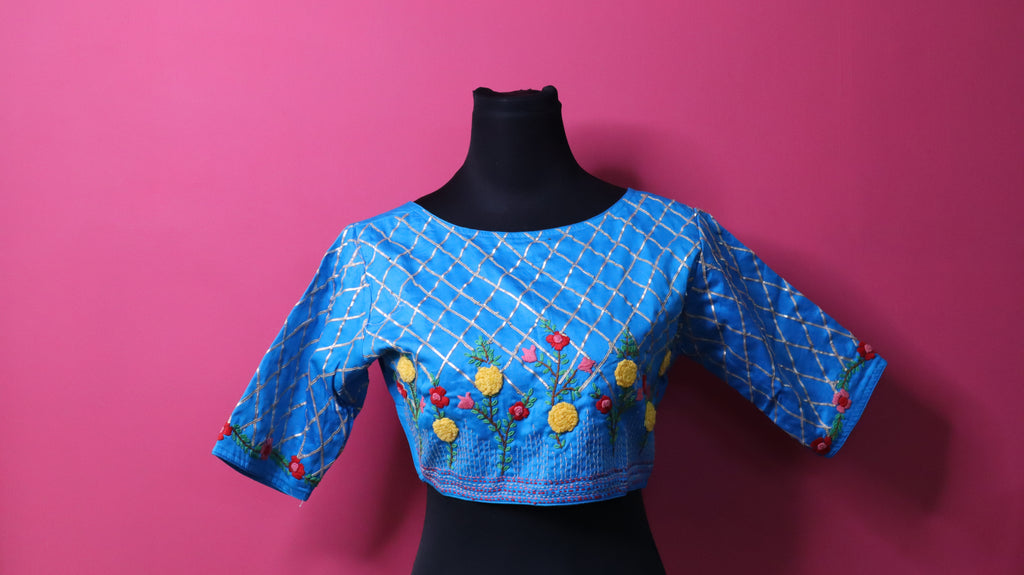 Sky Blue Embroidered Designer Blouse with Geometric Sleeve Detailing