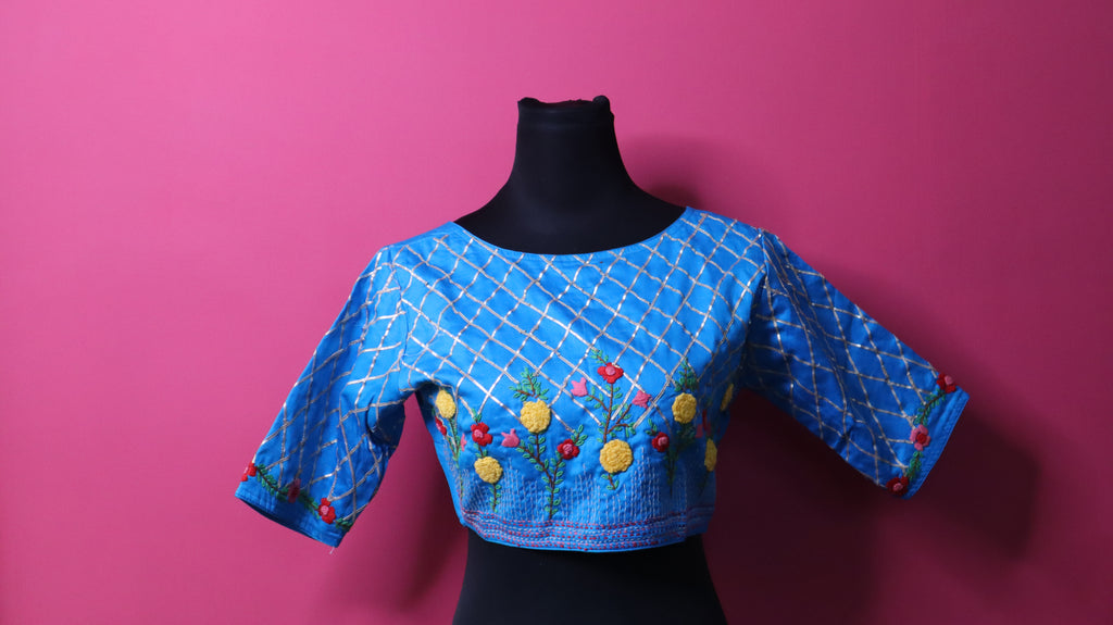 Sky Blue Embroidered Designer Blouse with Geometric Sleeve Detailing