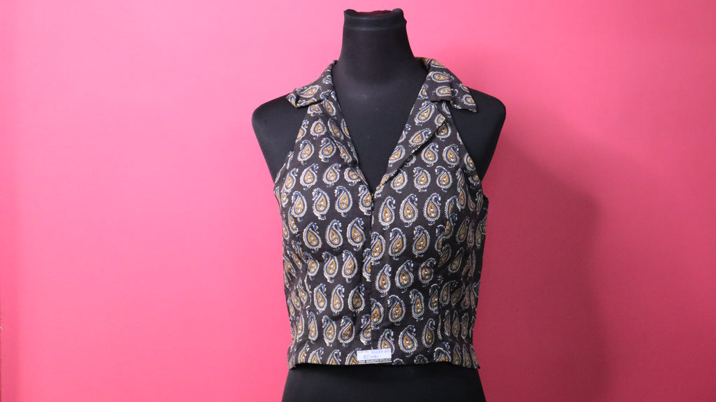 Black Paisley Print Collared Sleeveless Designer Blouse