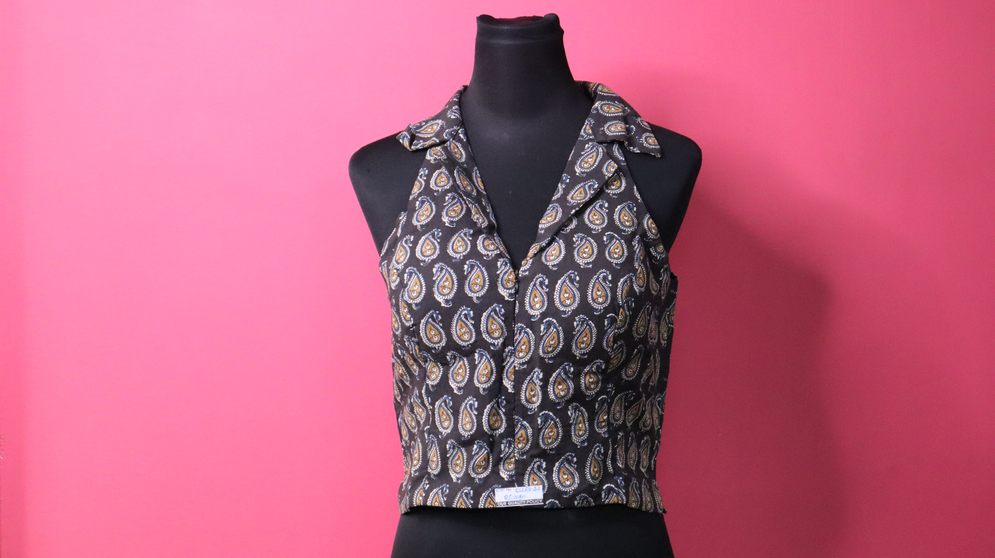 Black Paisley Print Collared Sleeveless Designer Blouse