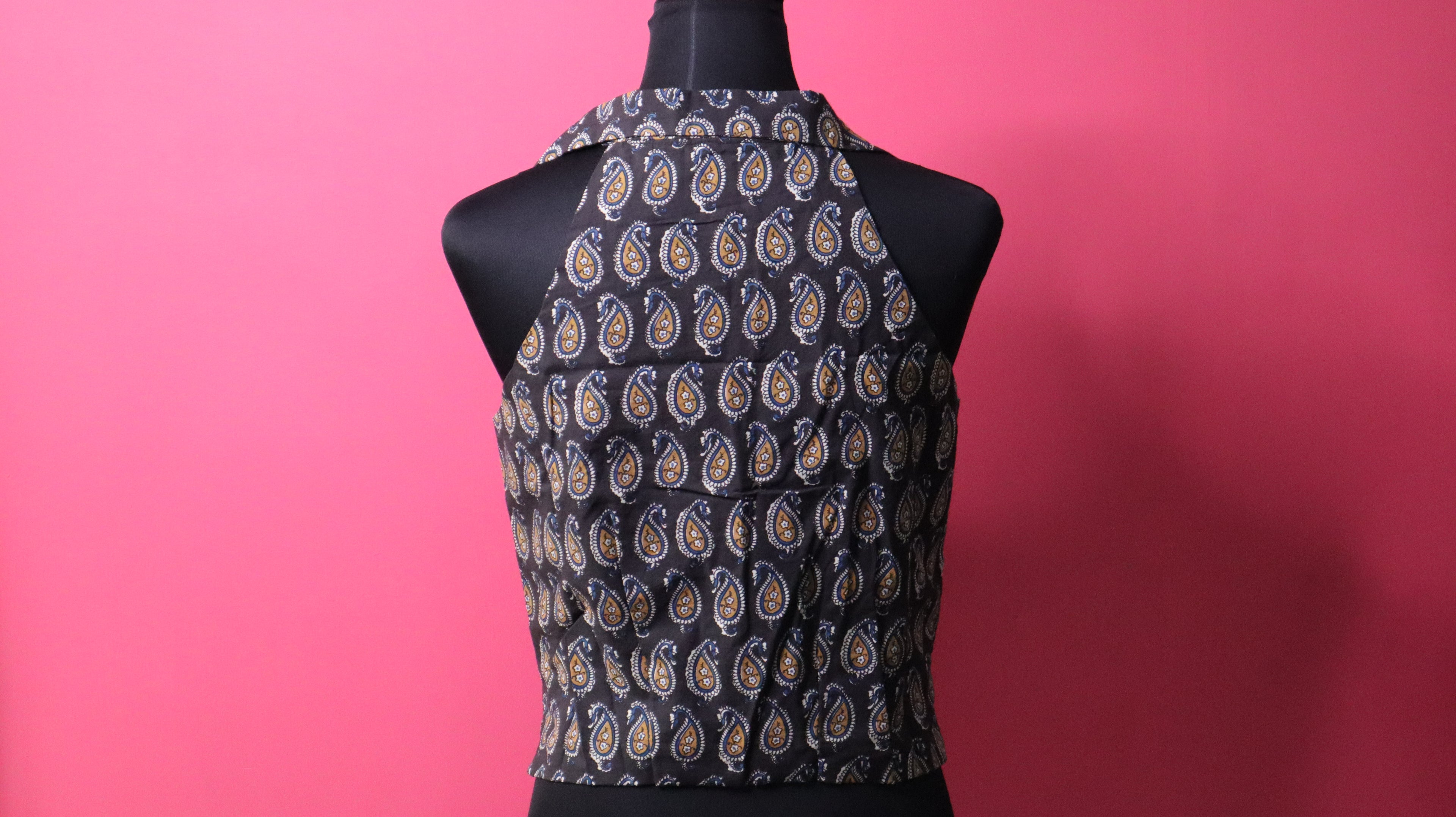 Black Paisley Print Collared Sleeveless Designer Blouse