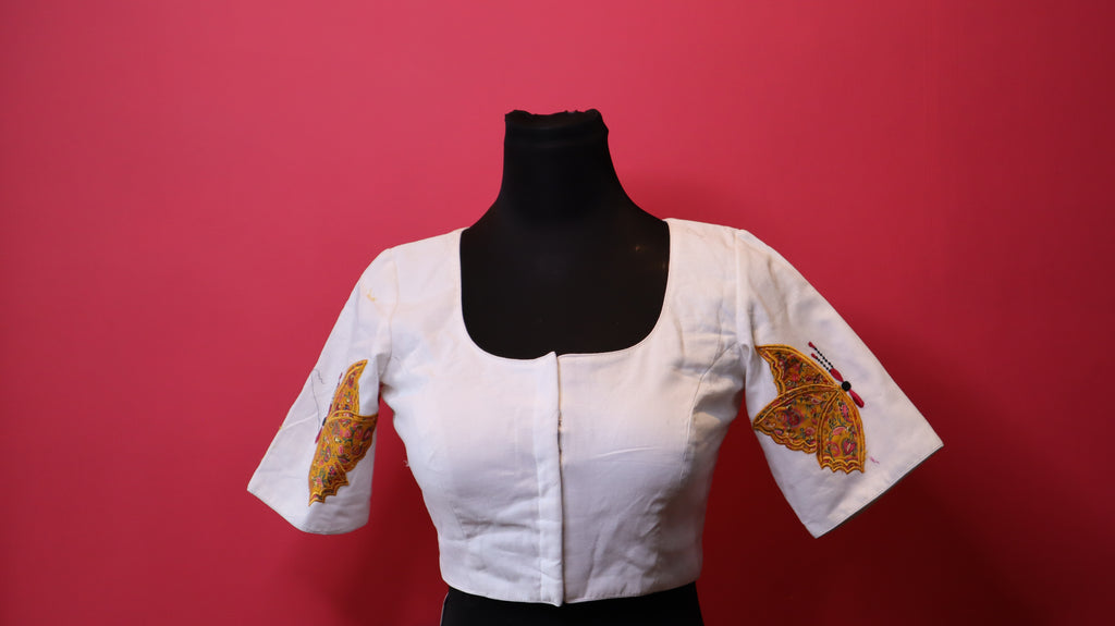 White Embroidered Designer Blouse with Artistic Sleeve Detailing