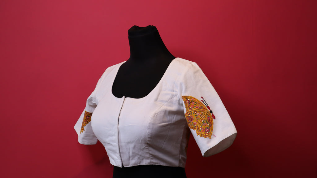 White Embroidered Designer Blouse with Artistic Sleeve Detailing