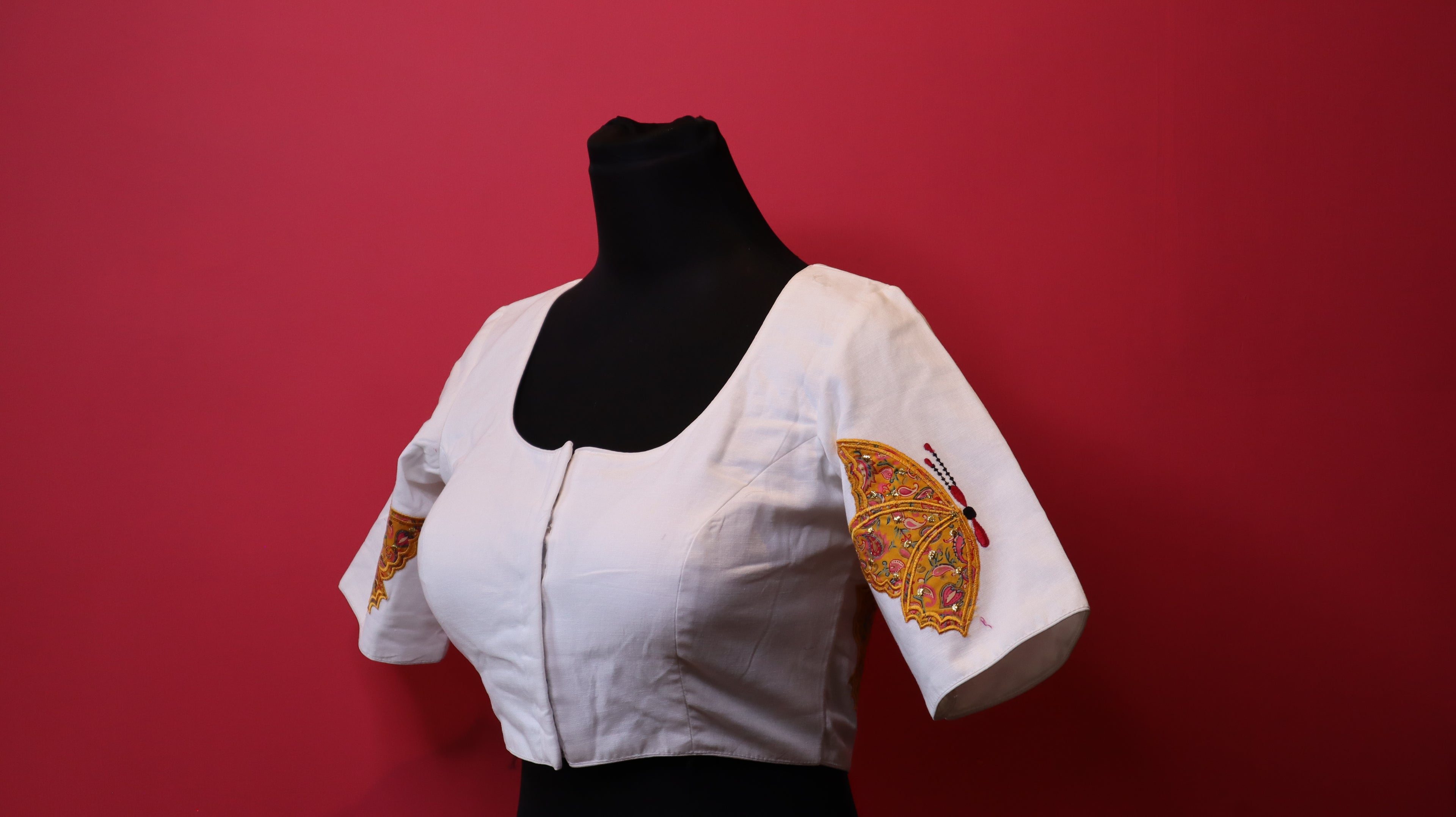 White Embroidered Designer Blouse with Artistic Sleeve Detailing