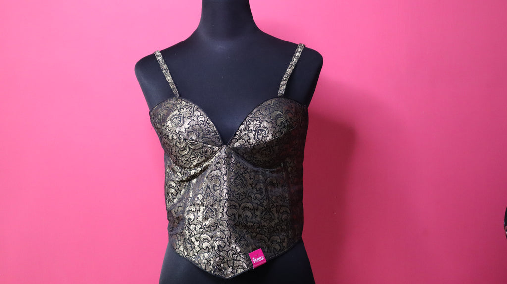 Black & Gold Brocade Corset Designer Blouse with Sweetheart Neck