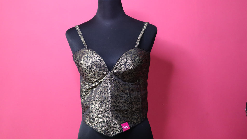 Black & Gold Brocade Corset Designer Blouse with Sweetheart Neck