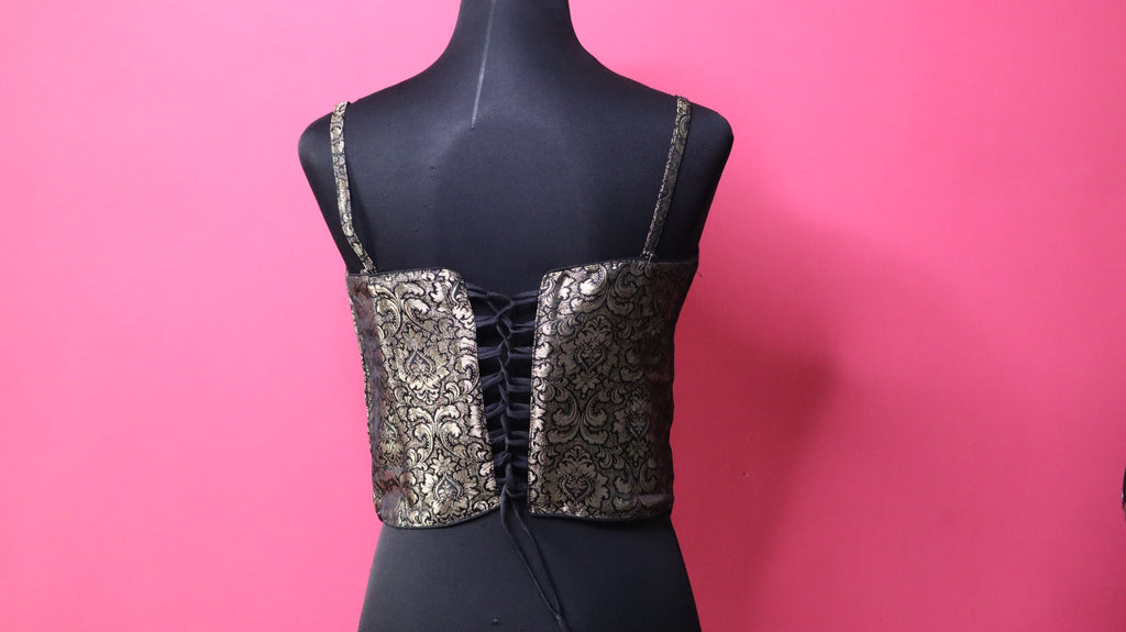 Black & Gold Brocade Corset Designer Blouse with Sweetheart Neck