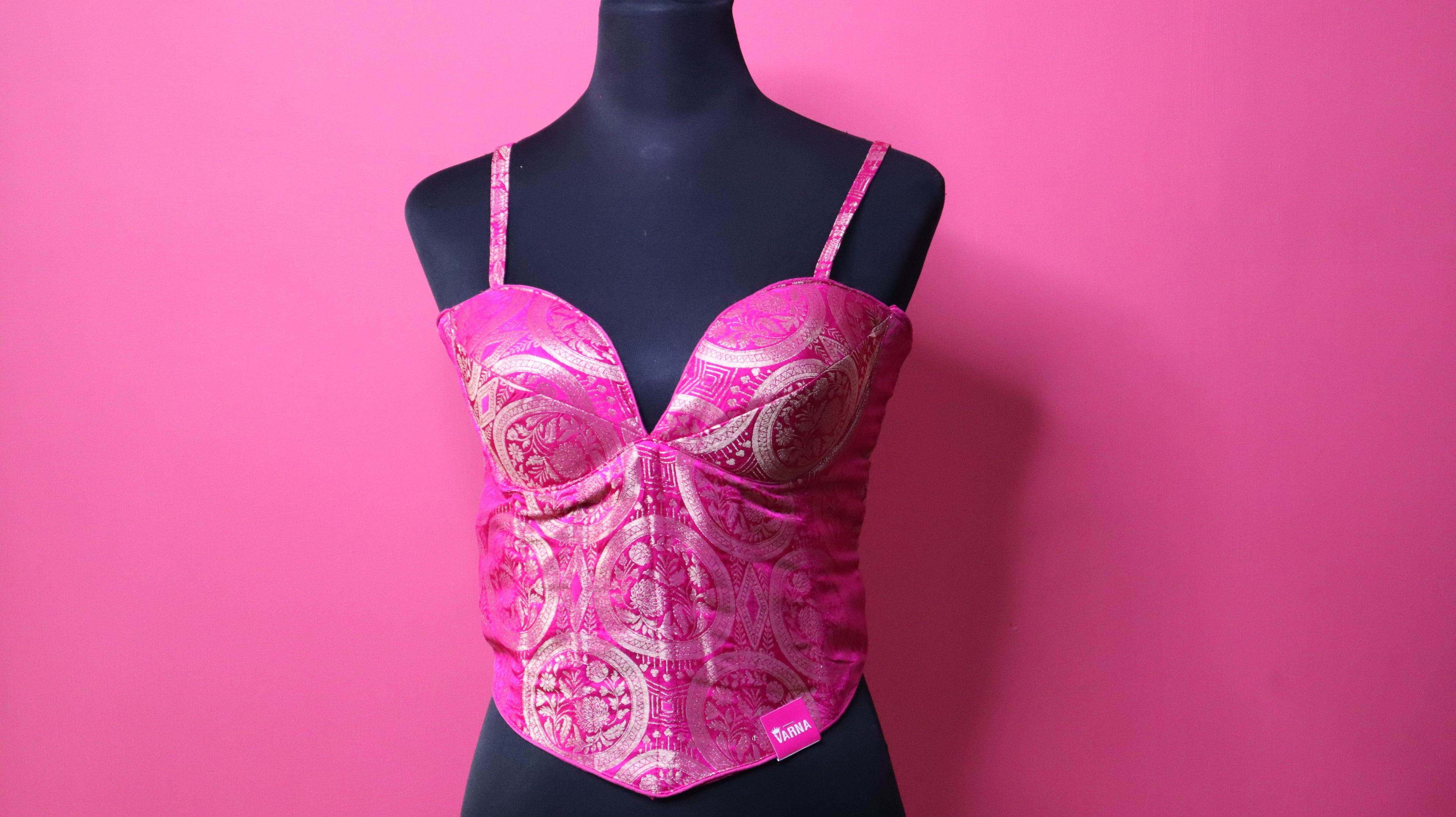 Hot Pink Brocade Corset Designer Blouse with Sweetheart Neck