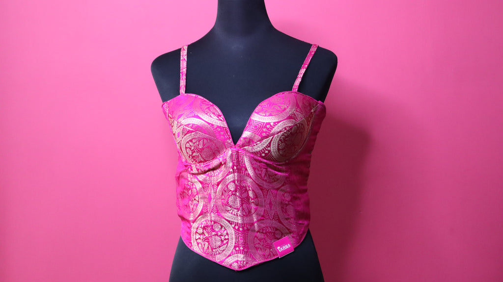 Hot Pink Brocade Corset Designer Blouse with Sweetheart Neck