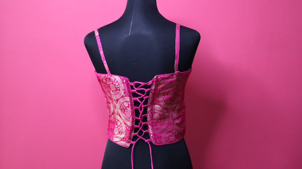 Hot Pink Brocade Corset Designer Blouse with Sweetheart Neck