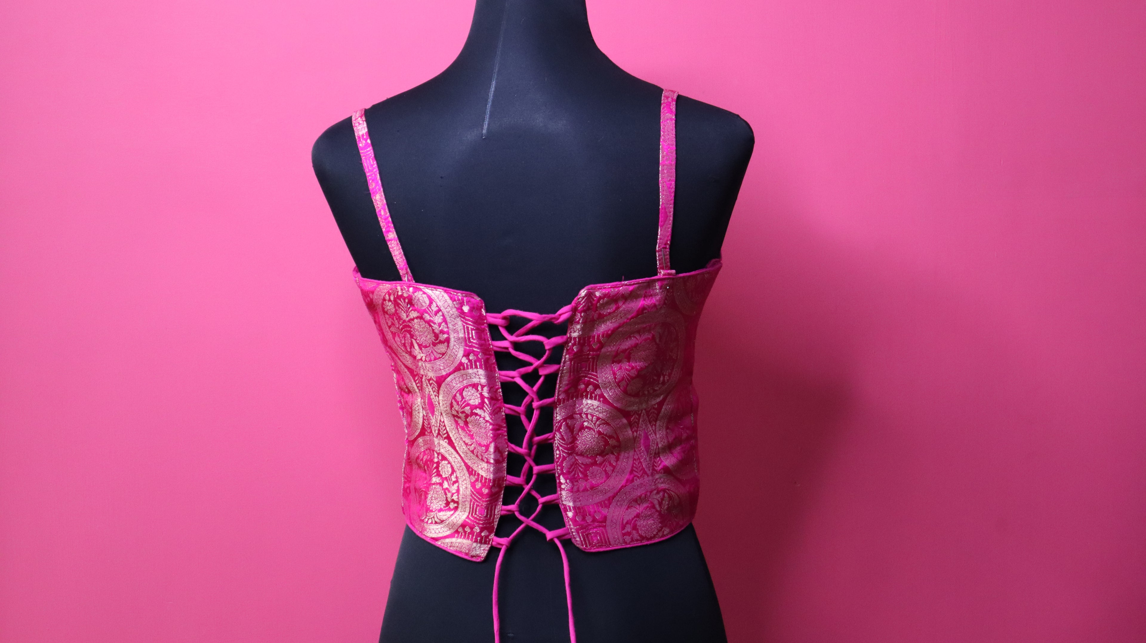 Hot Pink Brocade Corset Designer Blouse with Sweetheart Neck