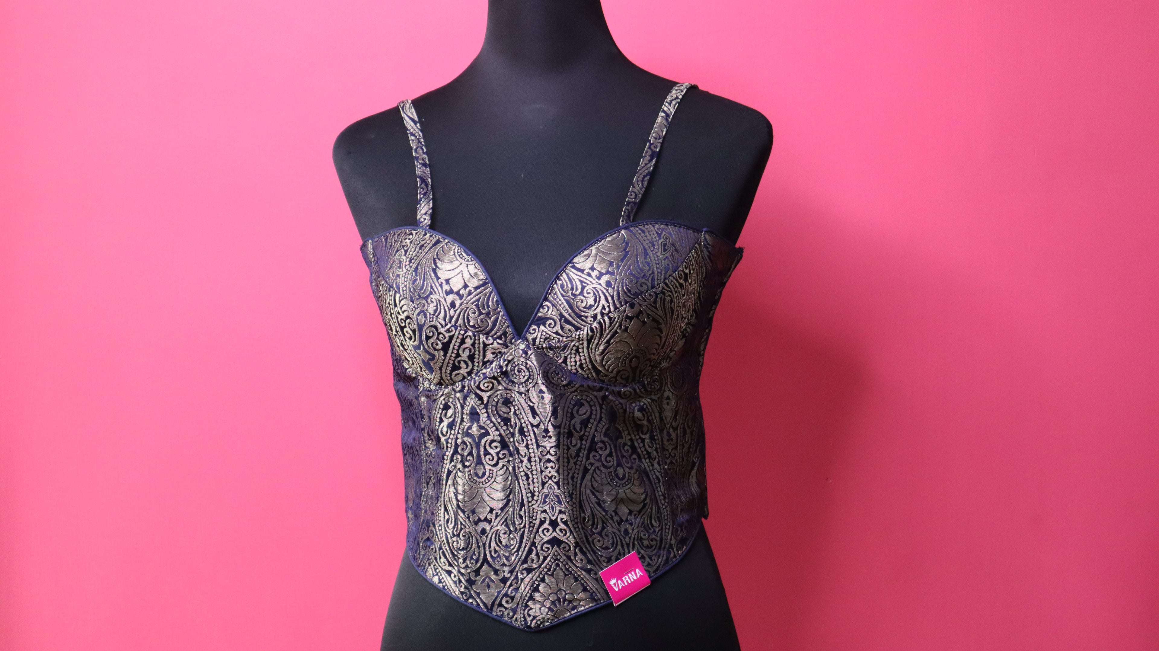 Navy Blue Brocade Corset Designer Blouse with Sweetheart Neck
