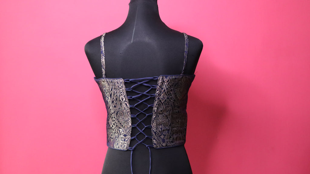 Navy Blue Brocade Corset Designer Blouse with Sweetheart Neck