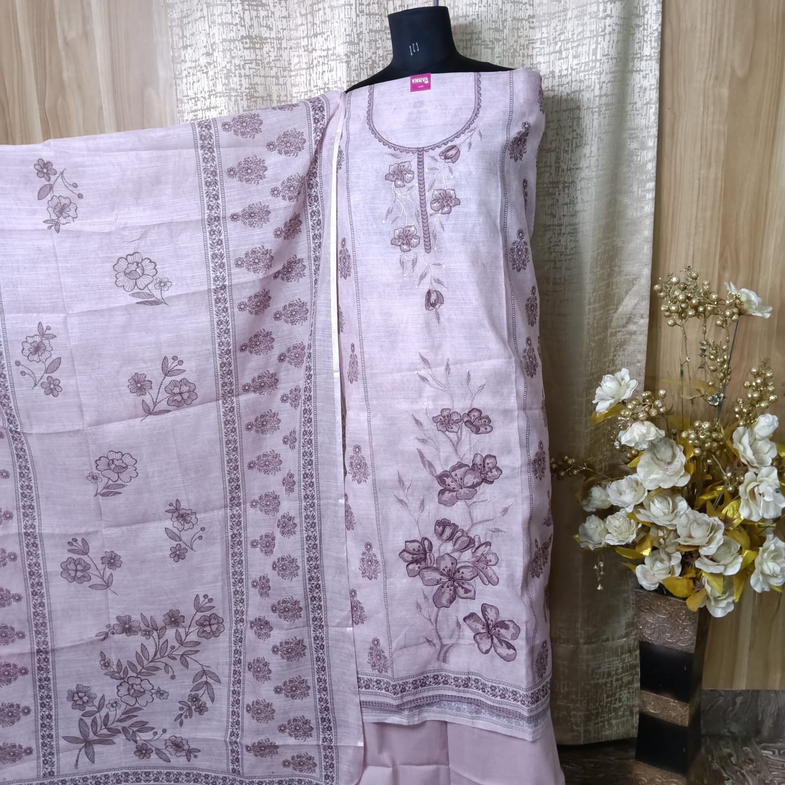 Light Lavender Pure Linen Cotton Printed Chudithar Dress Material with Shawl