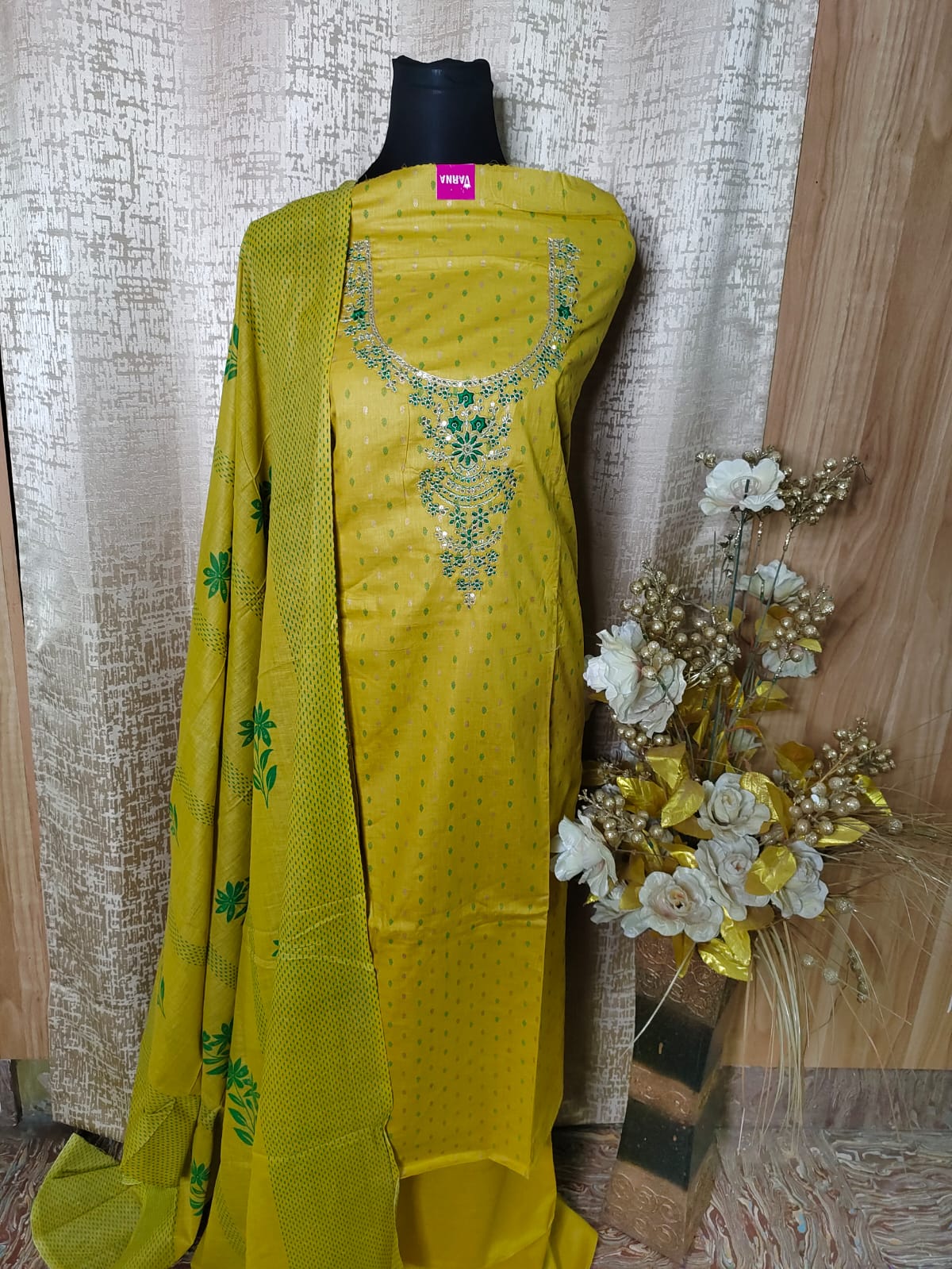 Mustard Yellow Cotton Neck Embroidery Chudithar Dress Material with Dupatta