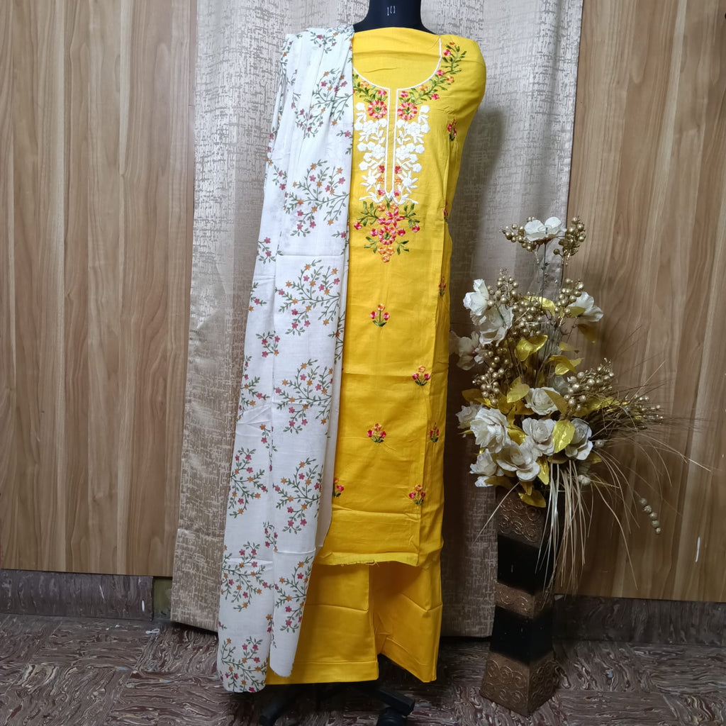 Mustard Yellow Floral Embroidered Cotton Chudithar Dress Material with Printed Dupatta