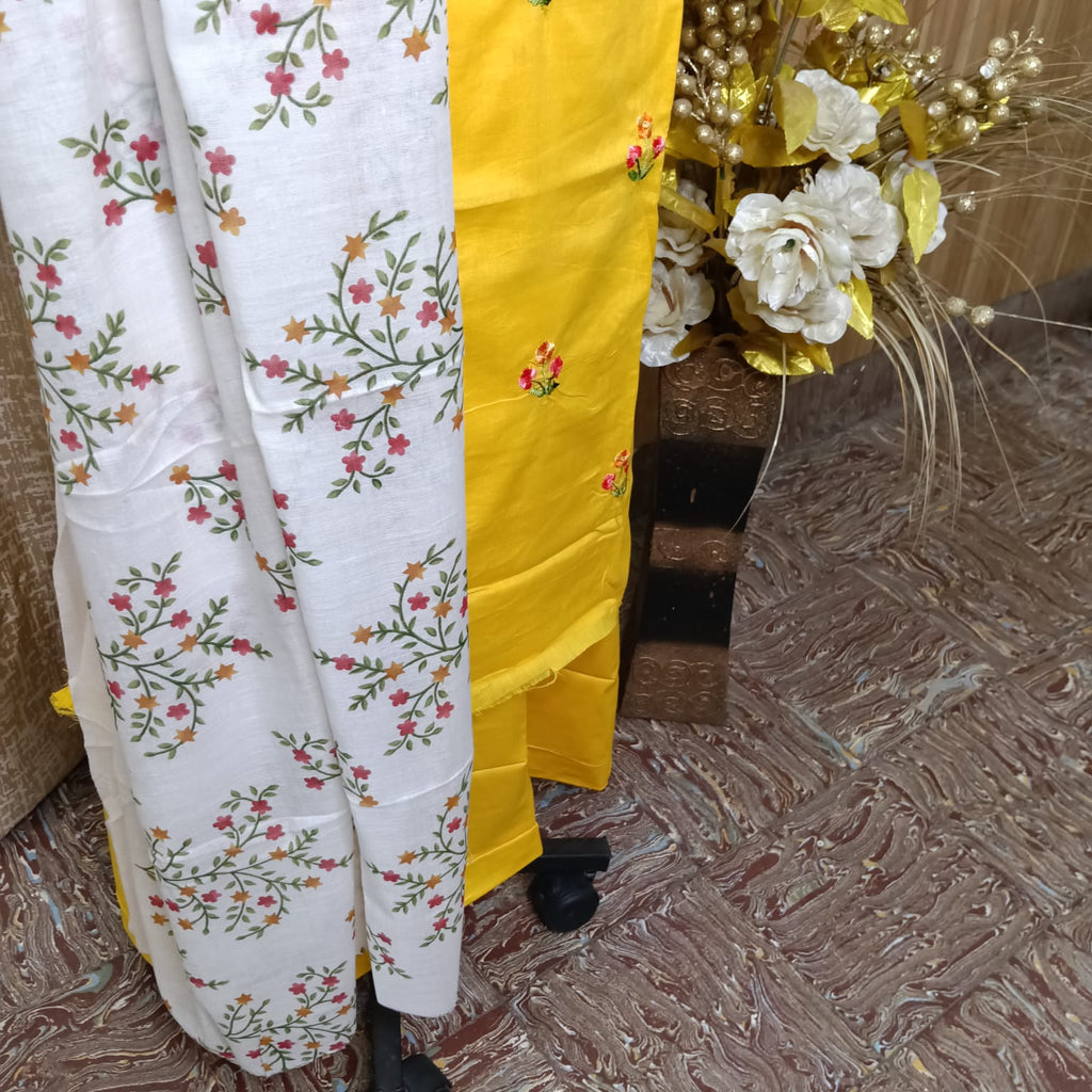 Mustard Yellow Floral Embroidered Cotton Chudithar Dress Material with Printed Dupatta