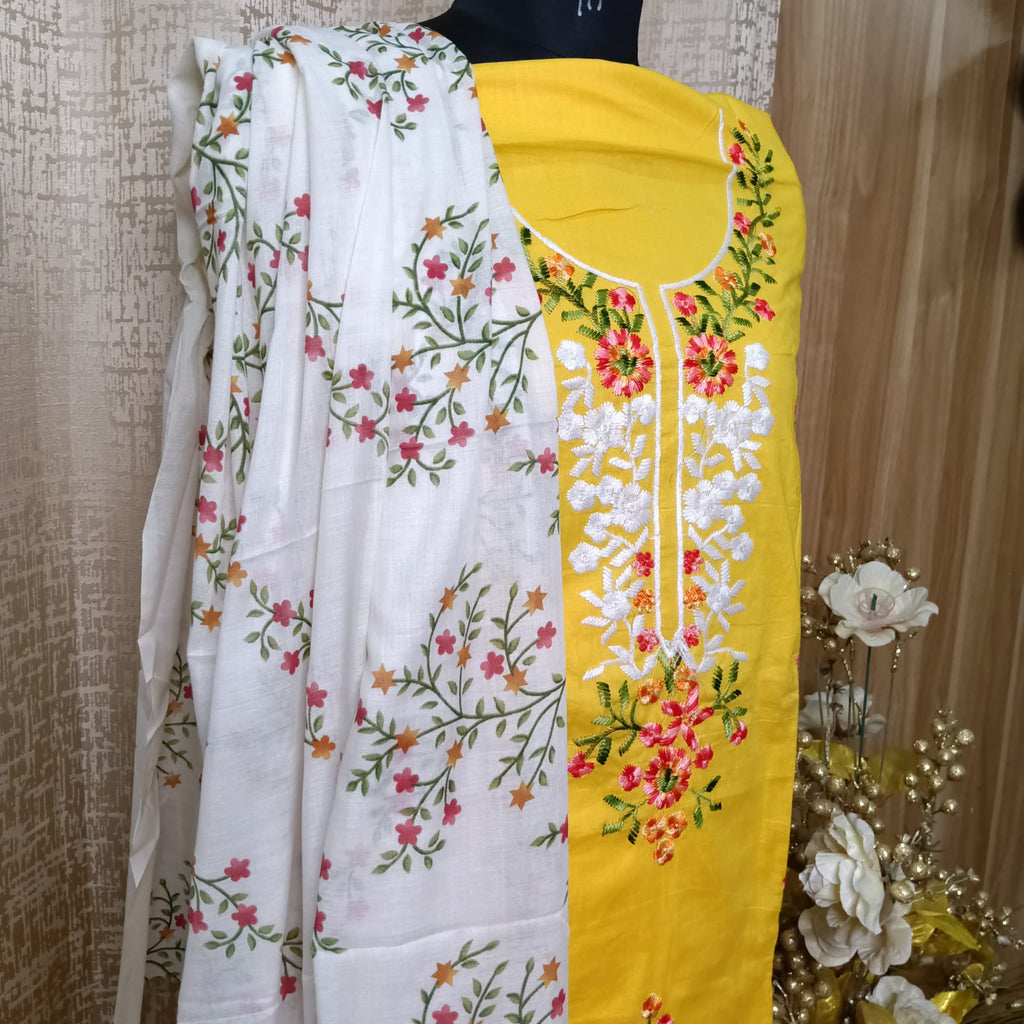 Mustard Yellow Floral Embroidered Cotton Chudithar Dress Material with Printed Dupatta