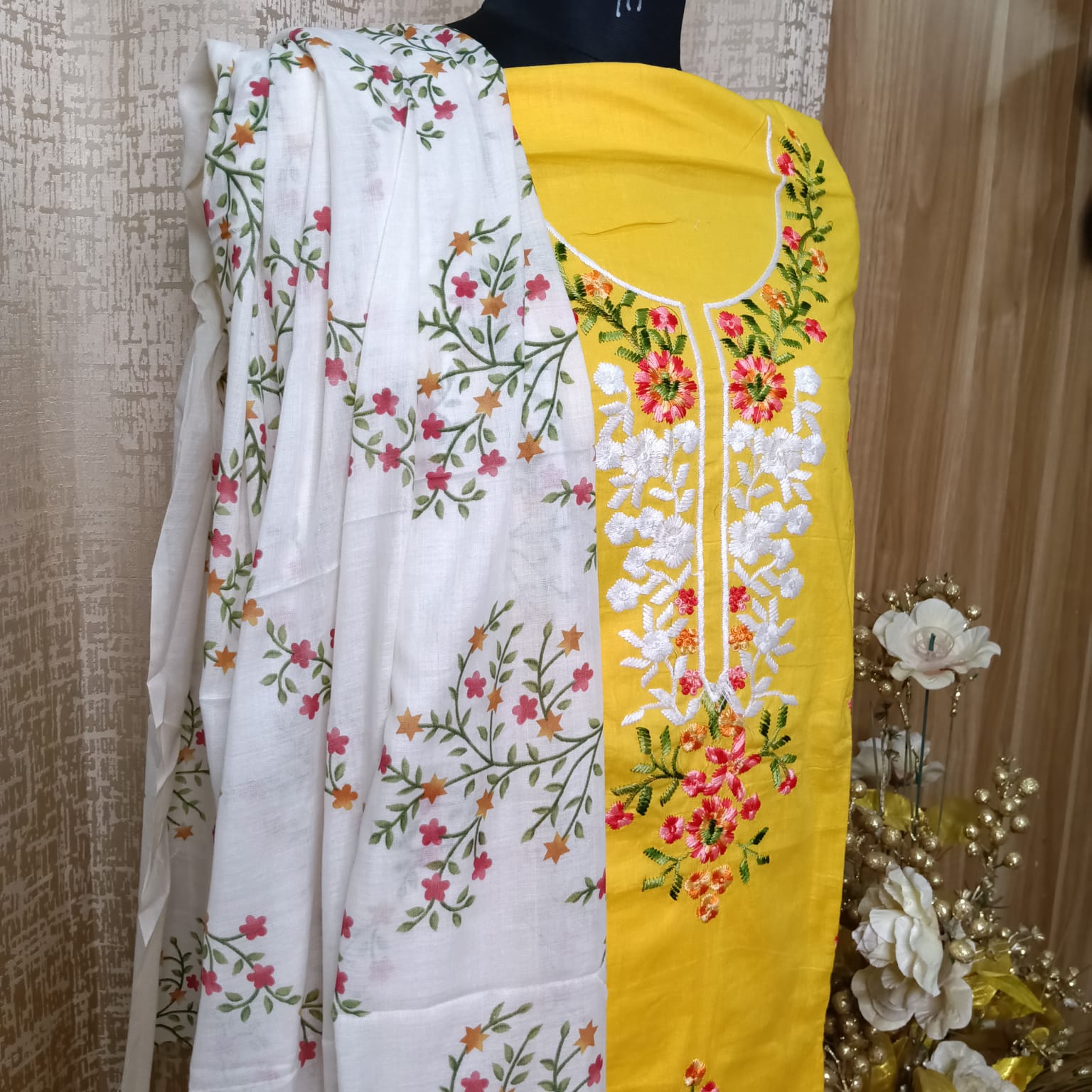 Mustard Yellow Floral Embroidered Cotton Chudithar Dress Material with Printed Dupatta