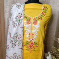 Mustard Yellow Floral Embroidered Cotton Chudithar Dress Material with Printed Dupatta