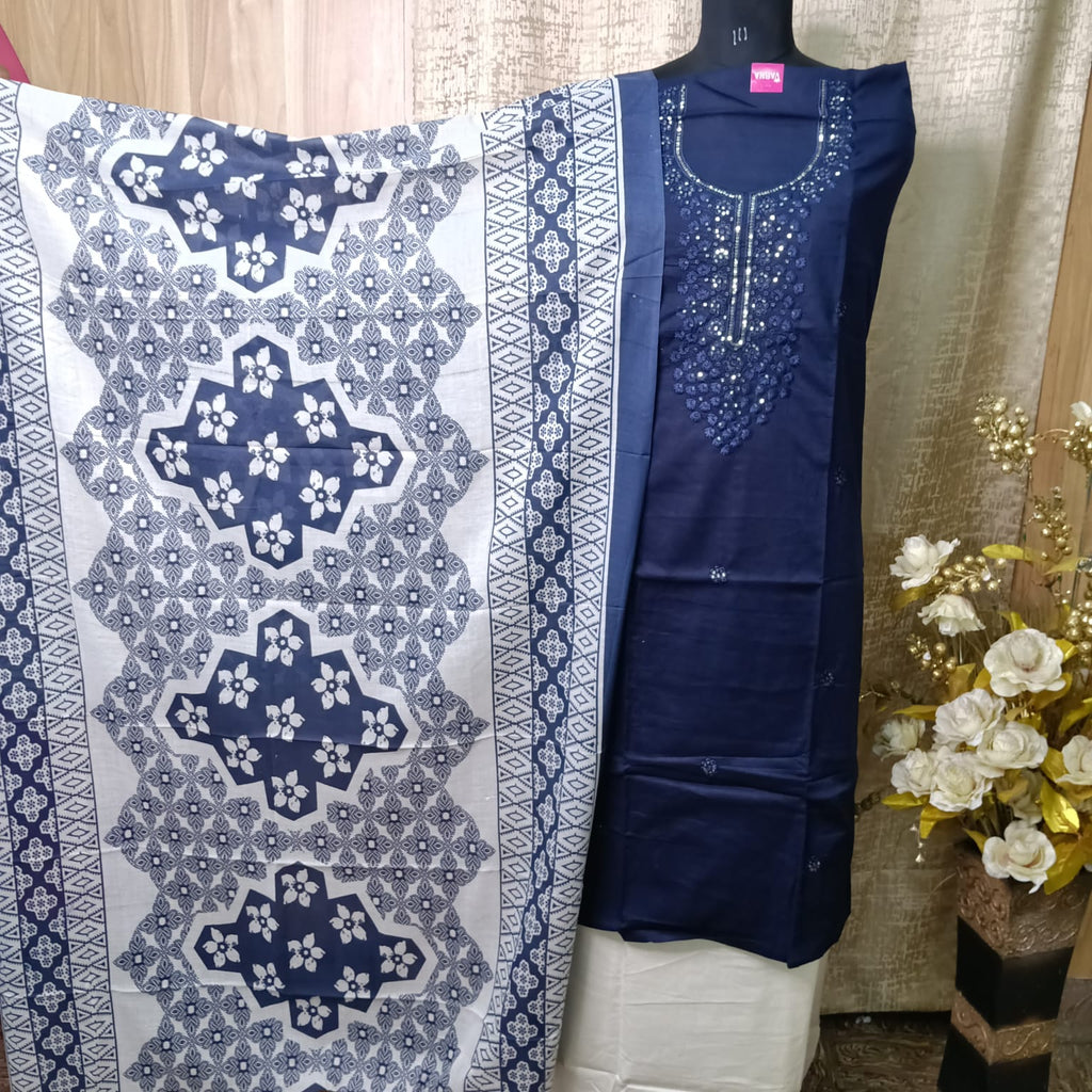 Navy Blue Cotton Dress Material with Embroidered Neck & Printed Dupatta