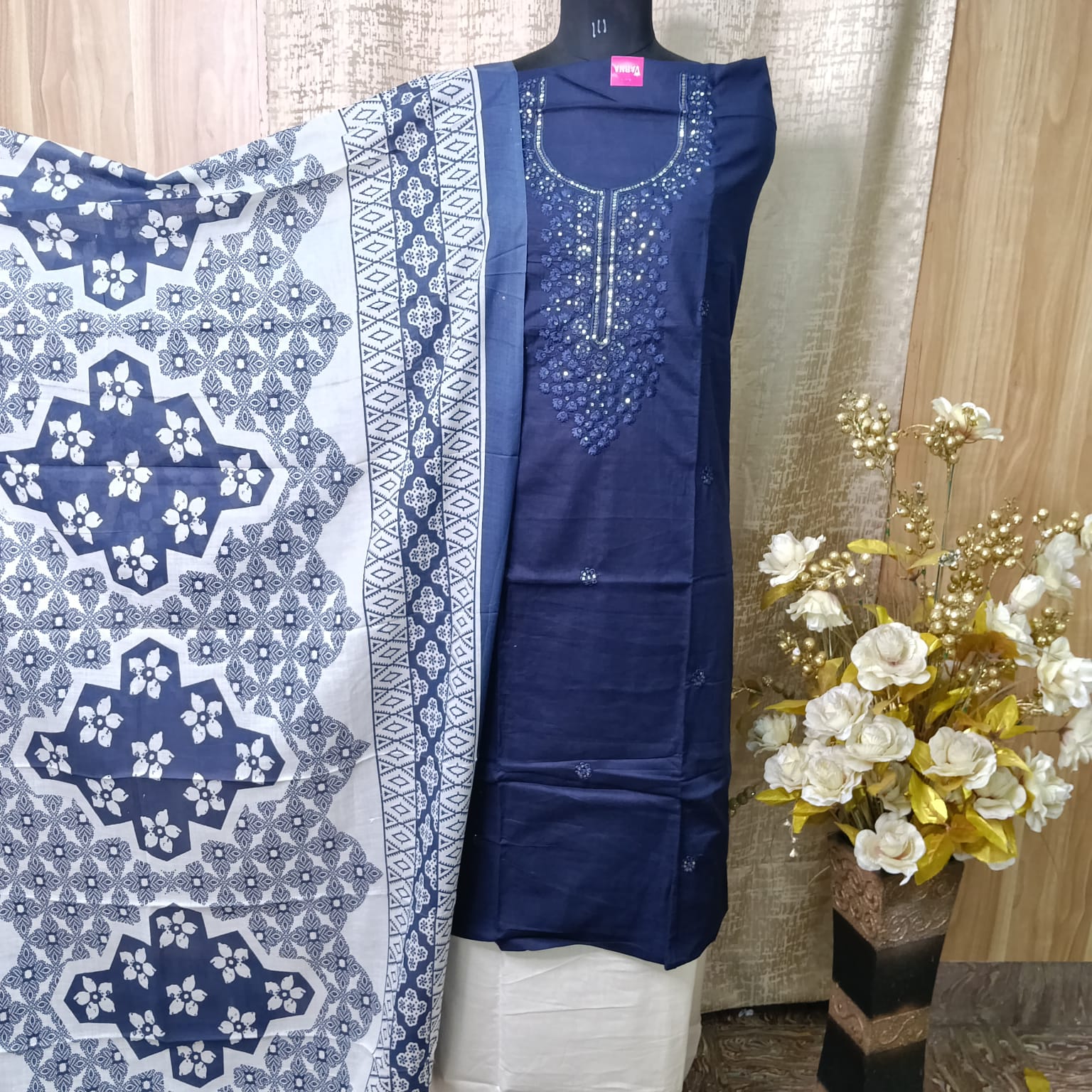 Navy Blue Cotton Dress Material with Embroidered Neck & Printed Dupatta