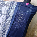 Navy Blue Cotton Dress Material with Embroidered Neck & Printed Dupatta