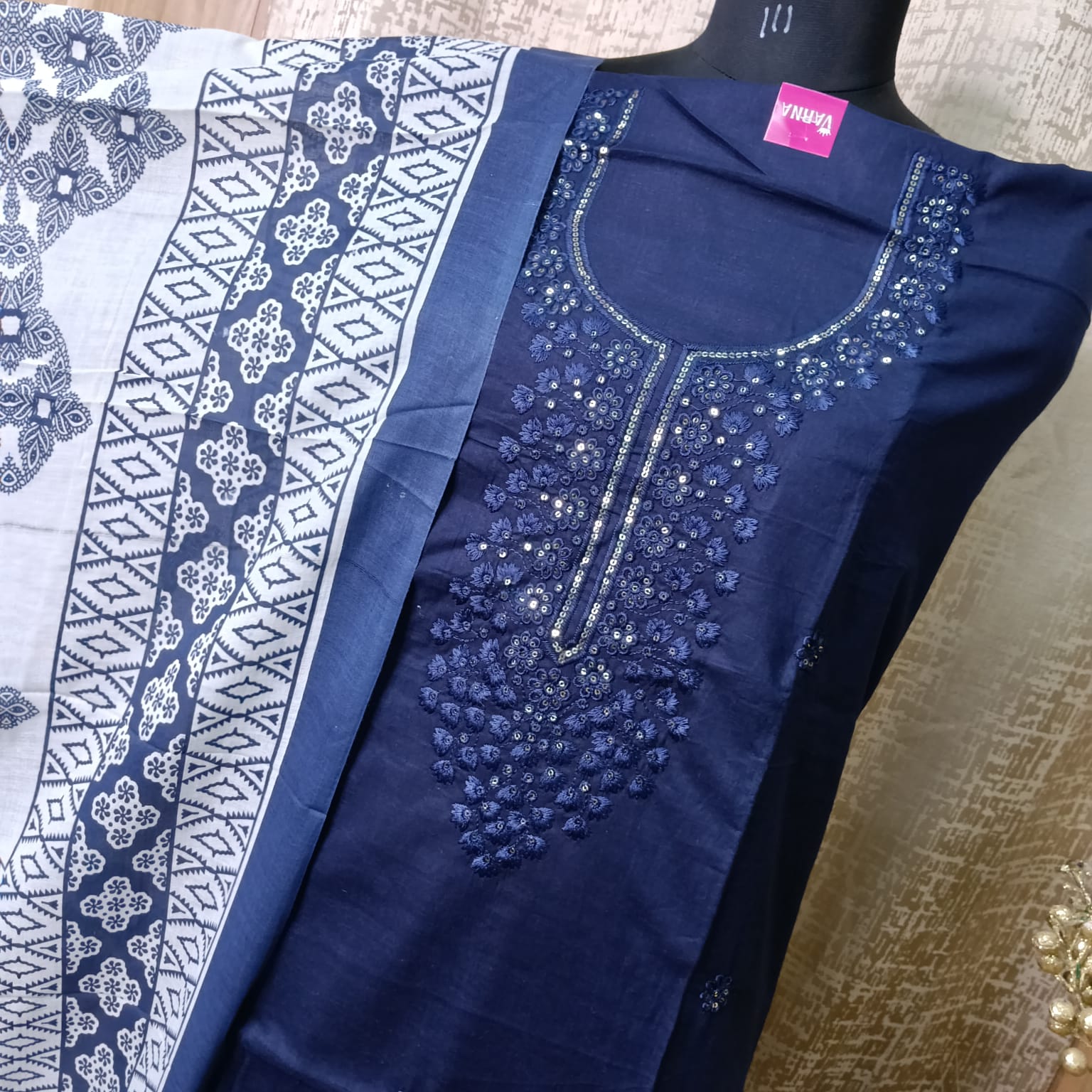 Navy Blue Cotton Dress Material with Embroidered Neck & Printed Dupatta