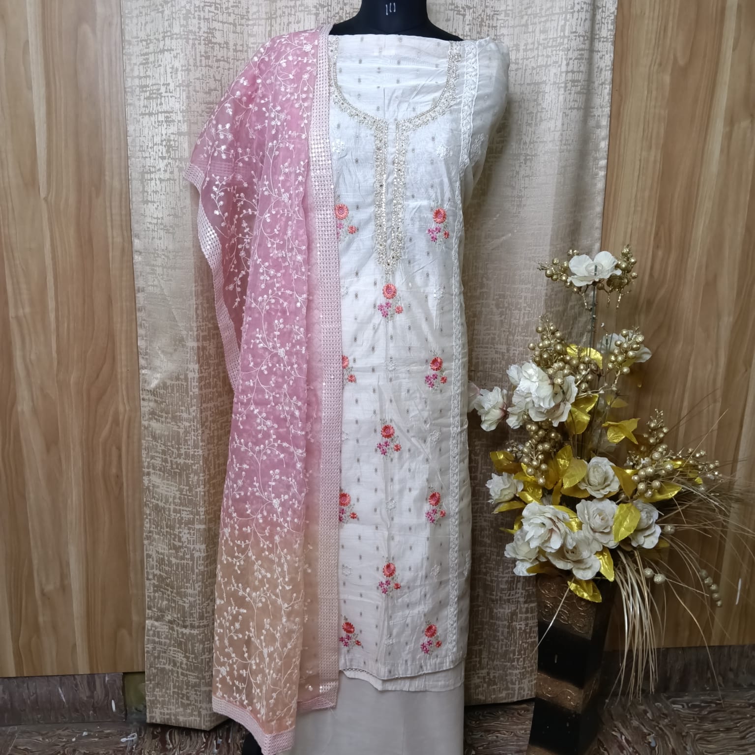 Off White Floral Embroidered Cotton Chudithar Dress Material with Pink Dupatta