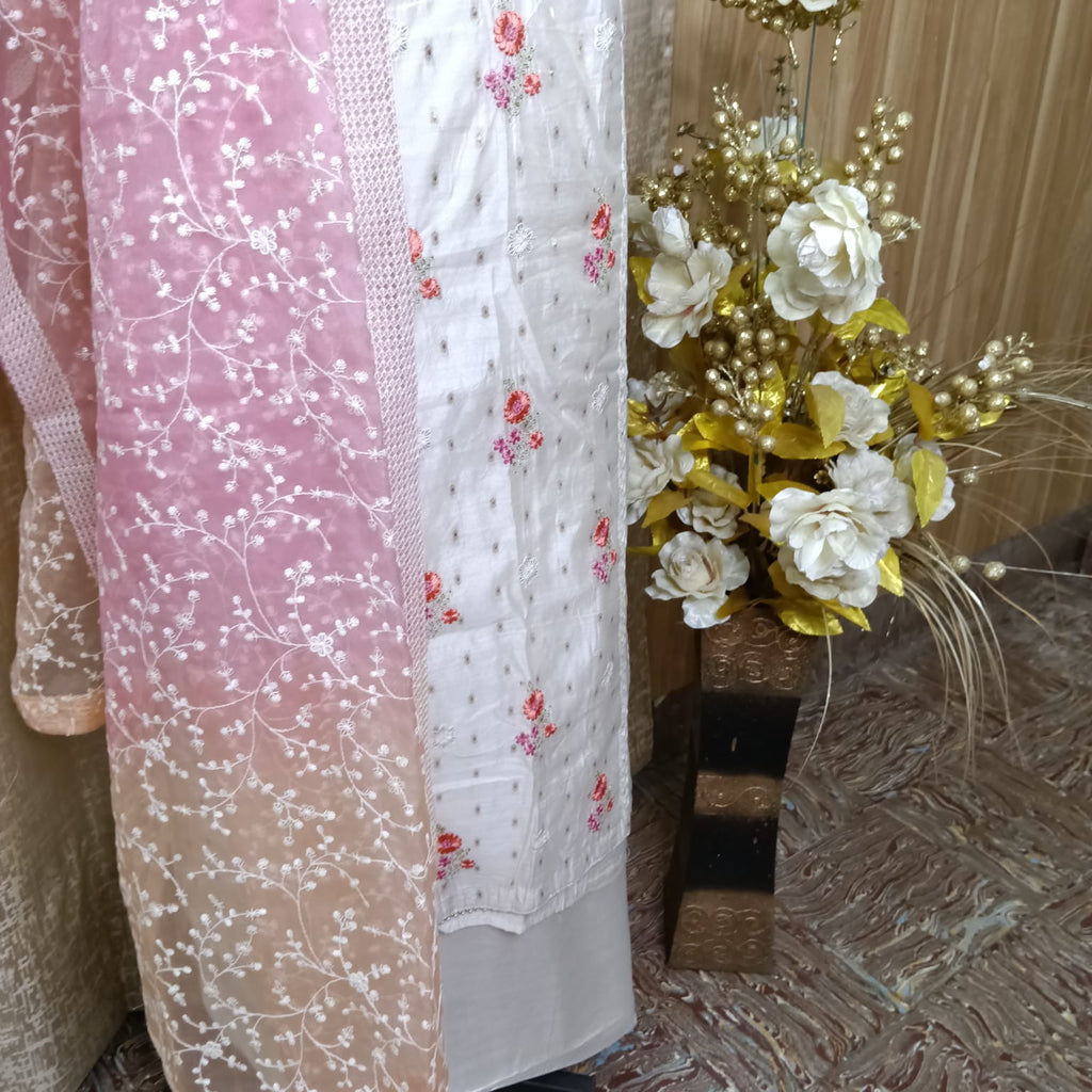 Off White Floral Embroidered Cotton Chudithar Dress Material with Pink Dupatta