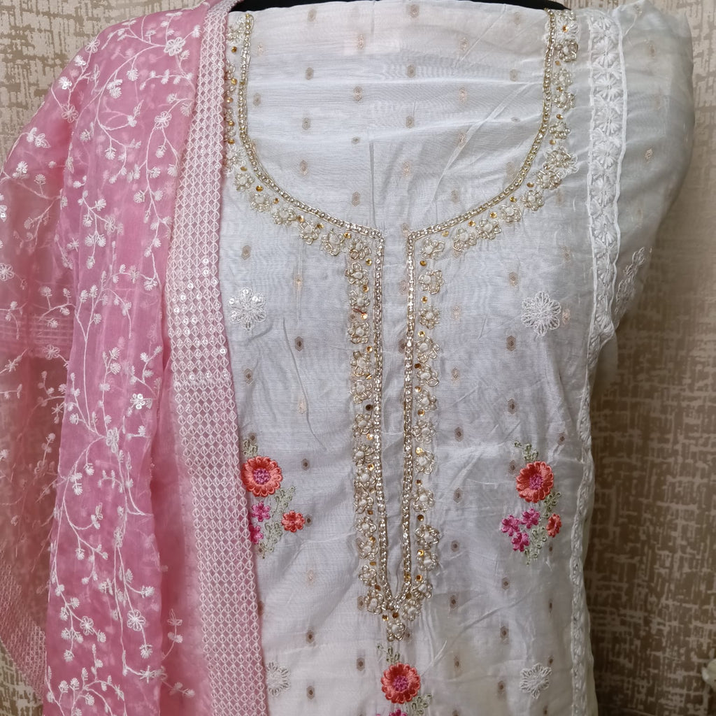Off White Floral Embroidered Cotton Chudithar Dress Material with Pink Dupatta