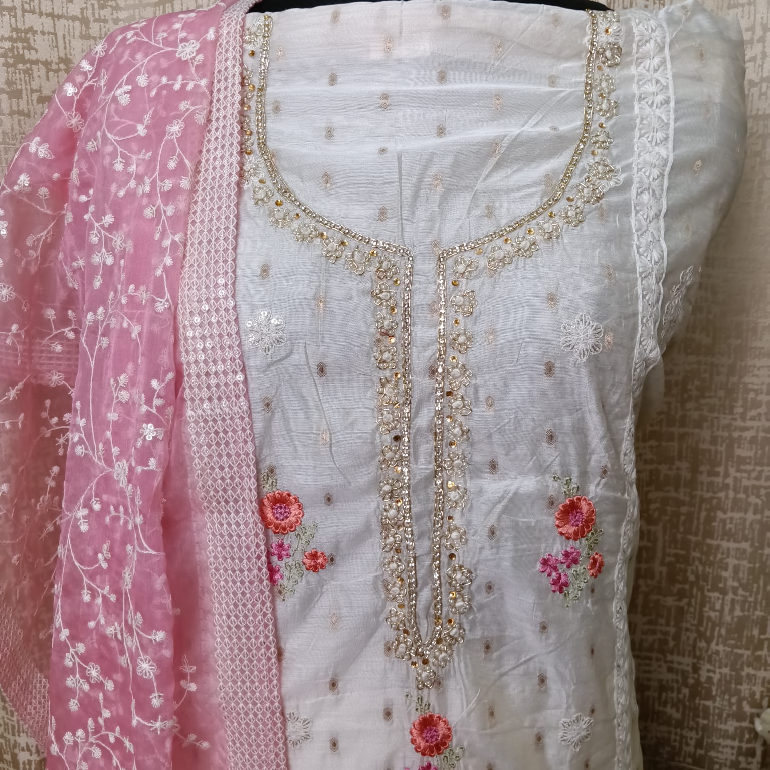 Off White Floral Embroidered Cotton Chudithar Dress Material with Pink Dupatta