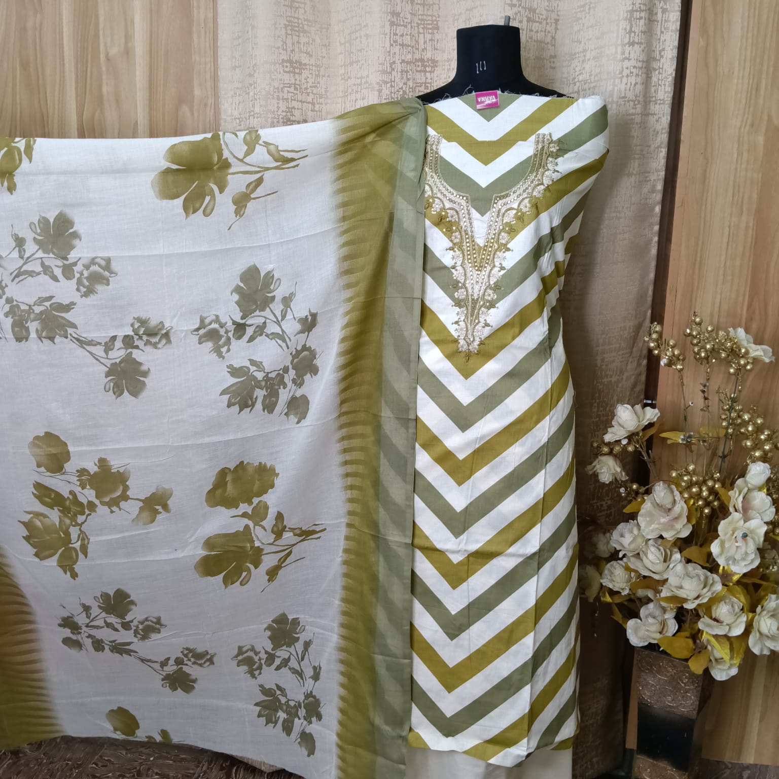 Olive Green Chevron Printed Cotton Chudithar Dress Material