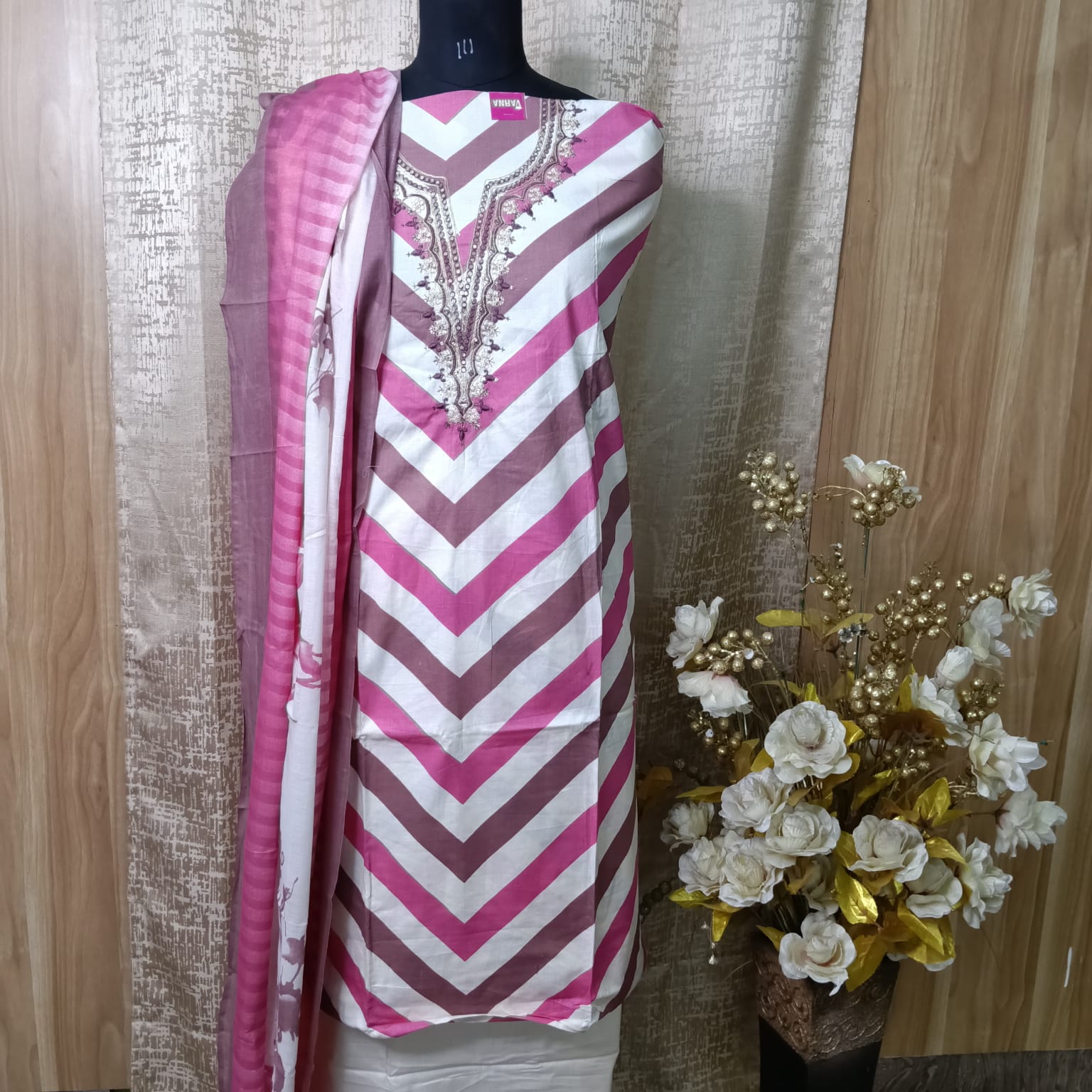 Pink Chevron Cotton Suit Set with Embroidered Neck & Floral Dupatta