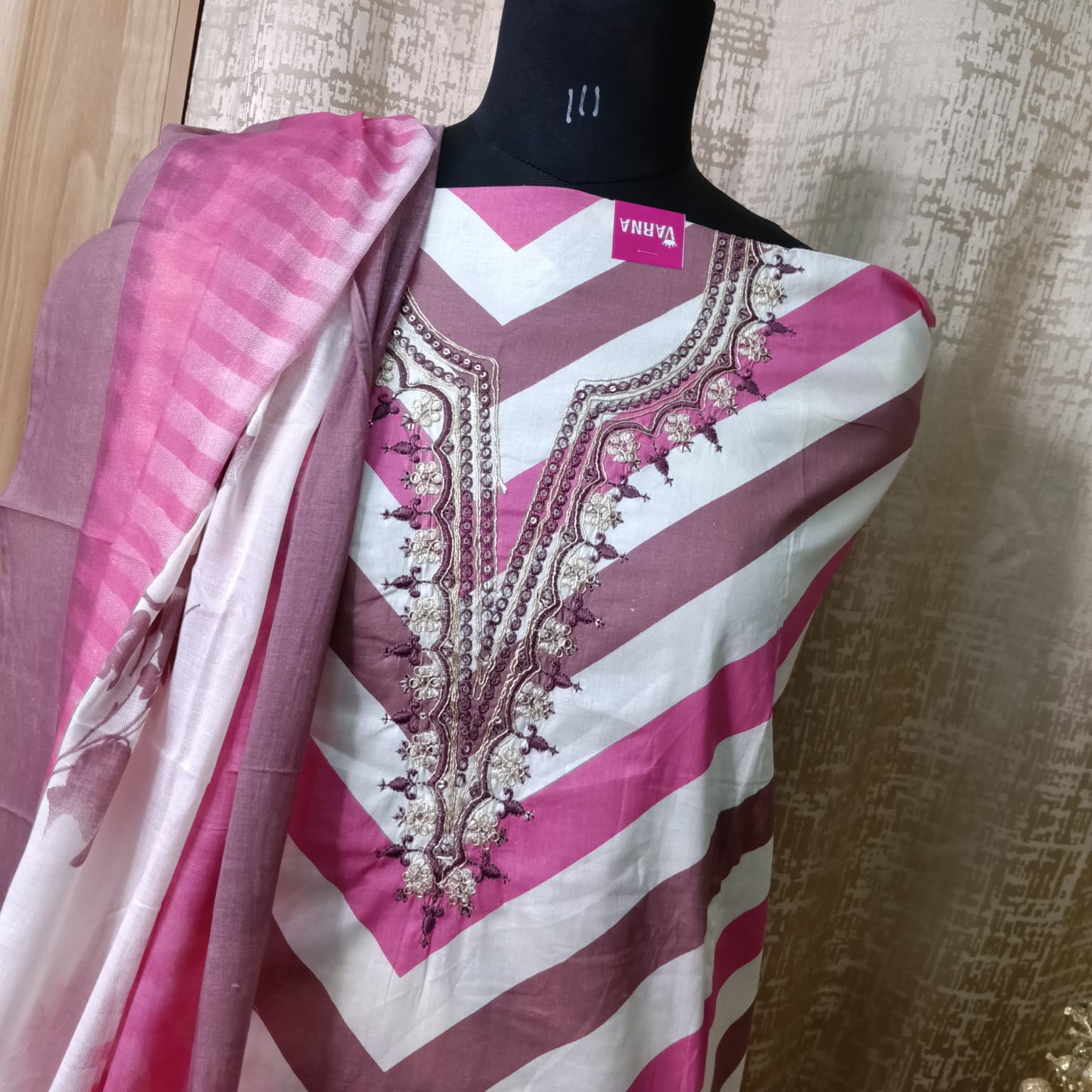 Pink Chevron Cotton Suit Set with Embroidered Neck & Floral Dupatta