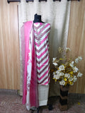 Pink Chevron Cotton Suit Set with Embroidered Neck & Floral Dupatta
