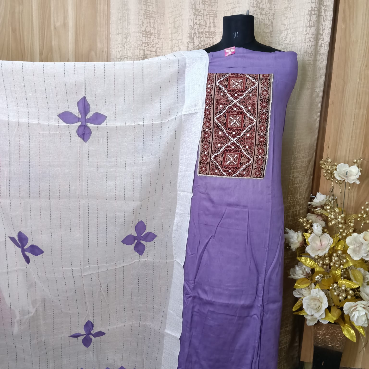 Purple Rayon Cotton Kalamkari Patch Work Chudithar Dress Material with Shawl