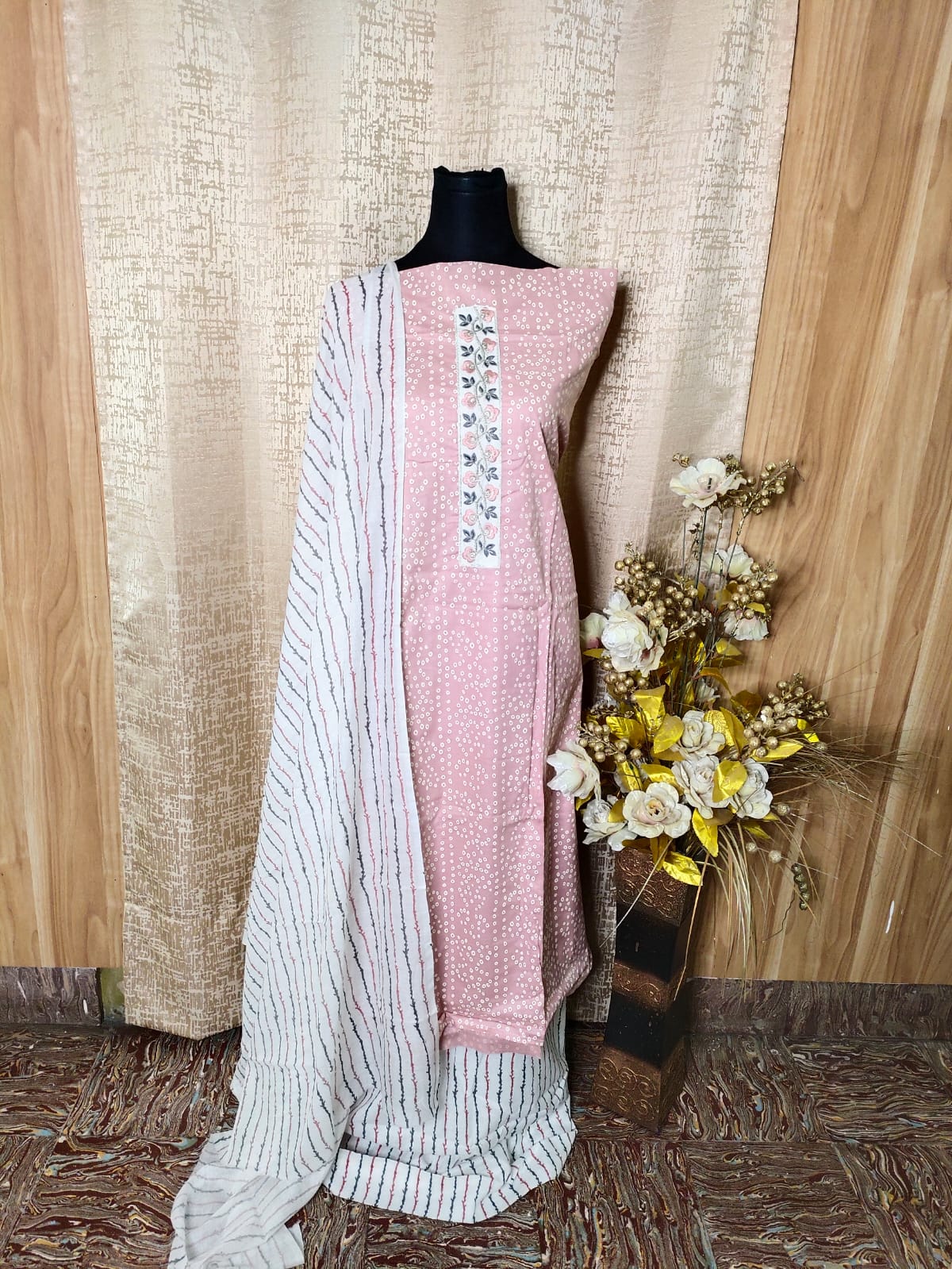 Soft Pink Cotton by Cotton Printed Chudithar Dress Material with Dupatta