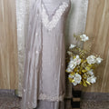 Taupe Grey Cut Work Embroidery Silk Chudithar Dress Material with Scalloped Shawl