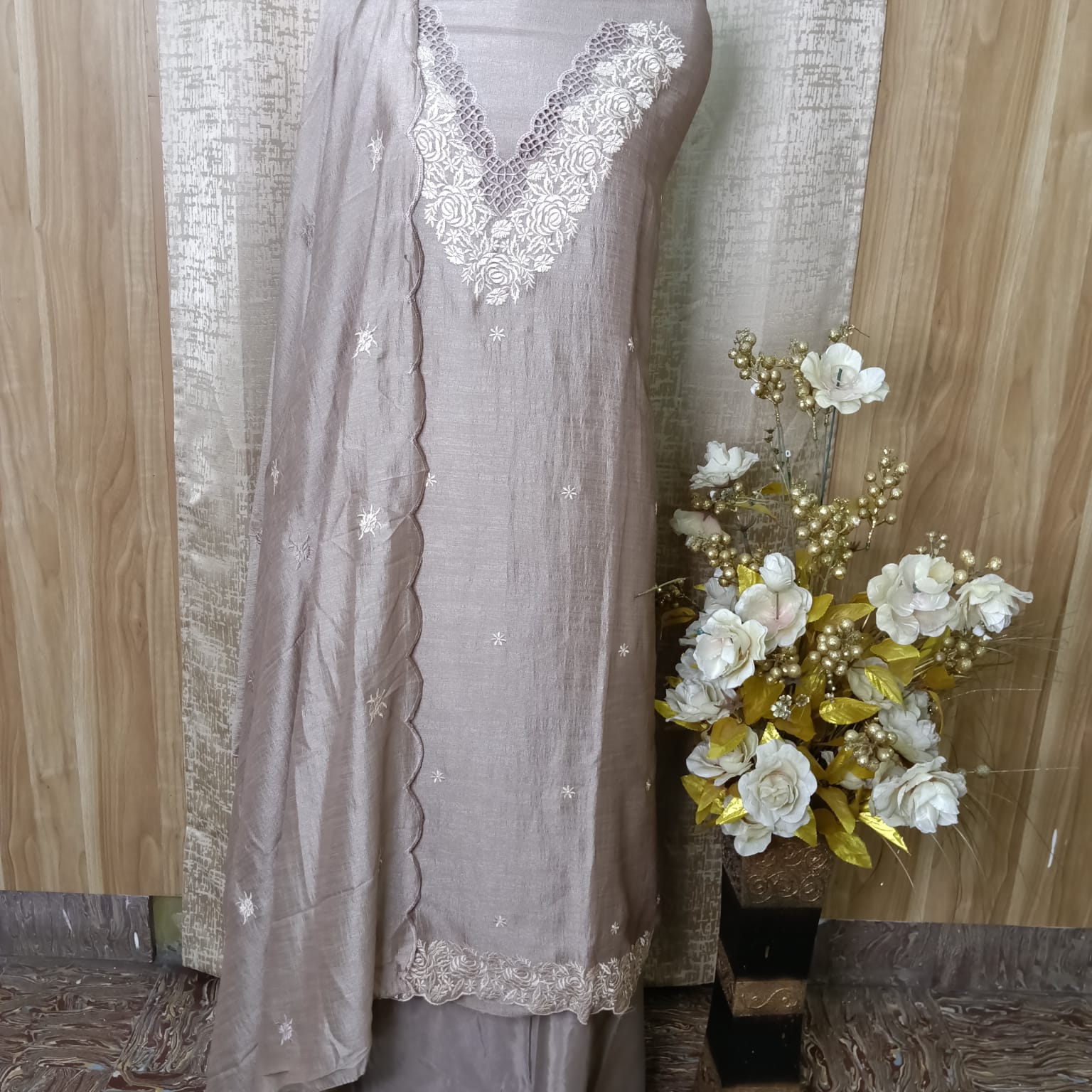 Taupe Grey Cut Work Embroidery Silk Chudithar Dress Material with Scalloped Shawl