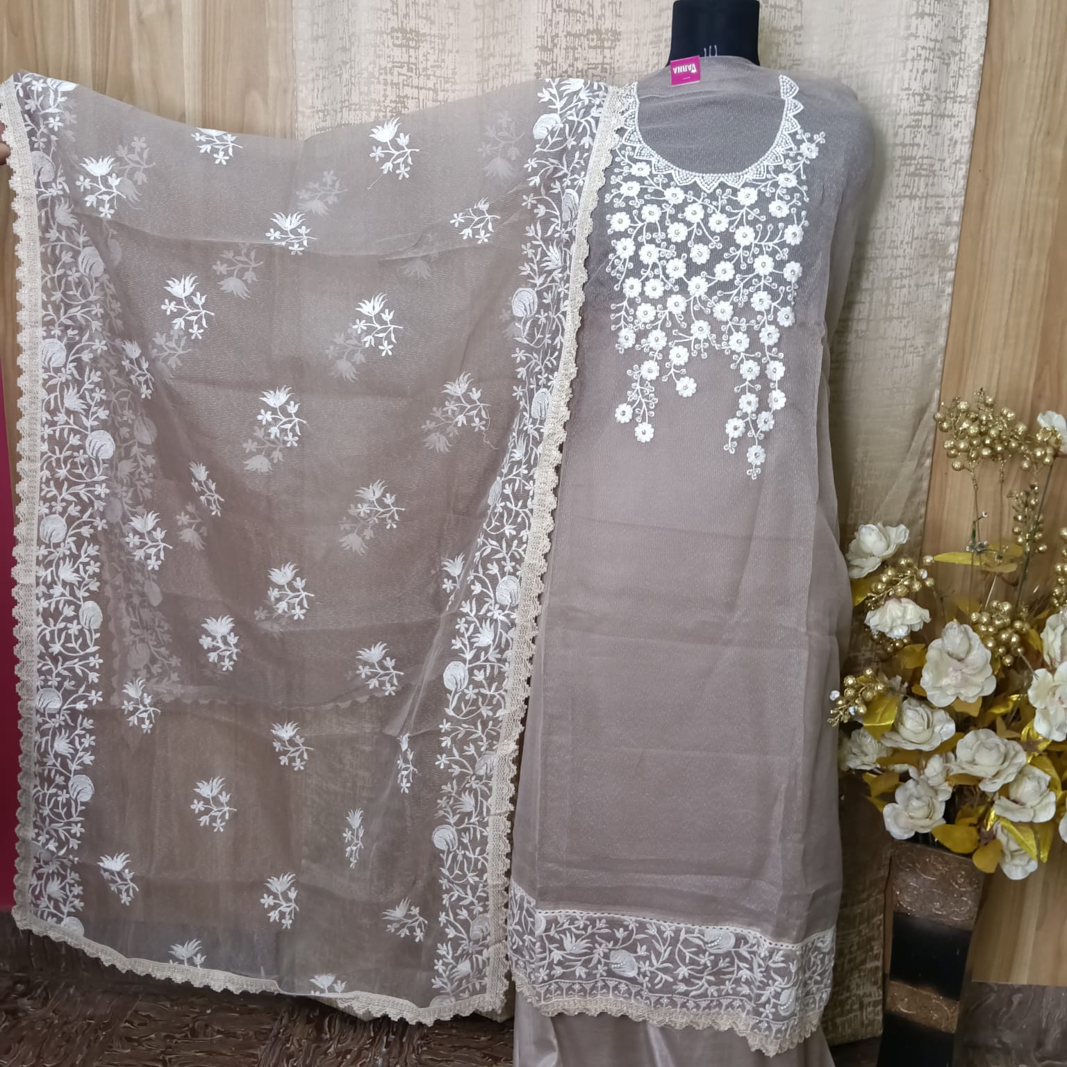 Taupe Grey Pure Organdy Embroidered Chudithar Dress Material with Netted Work Shawl
