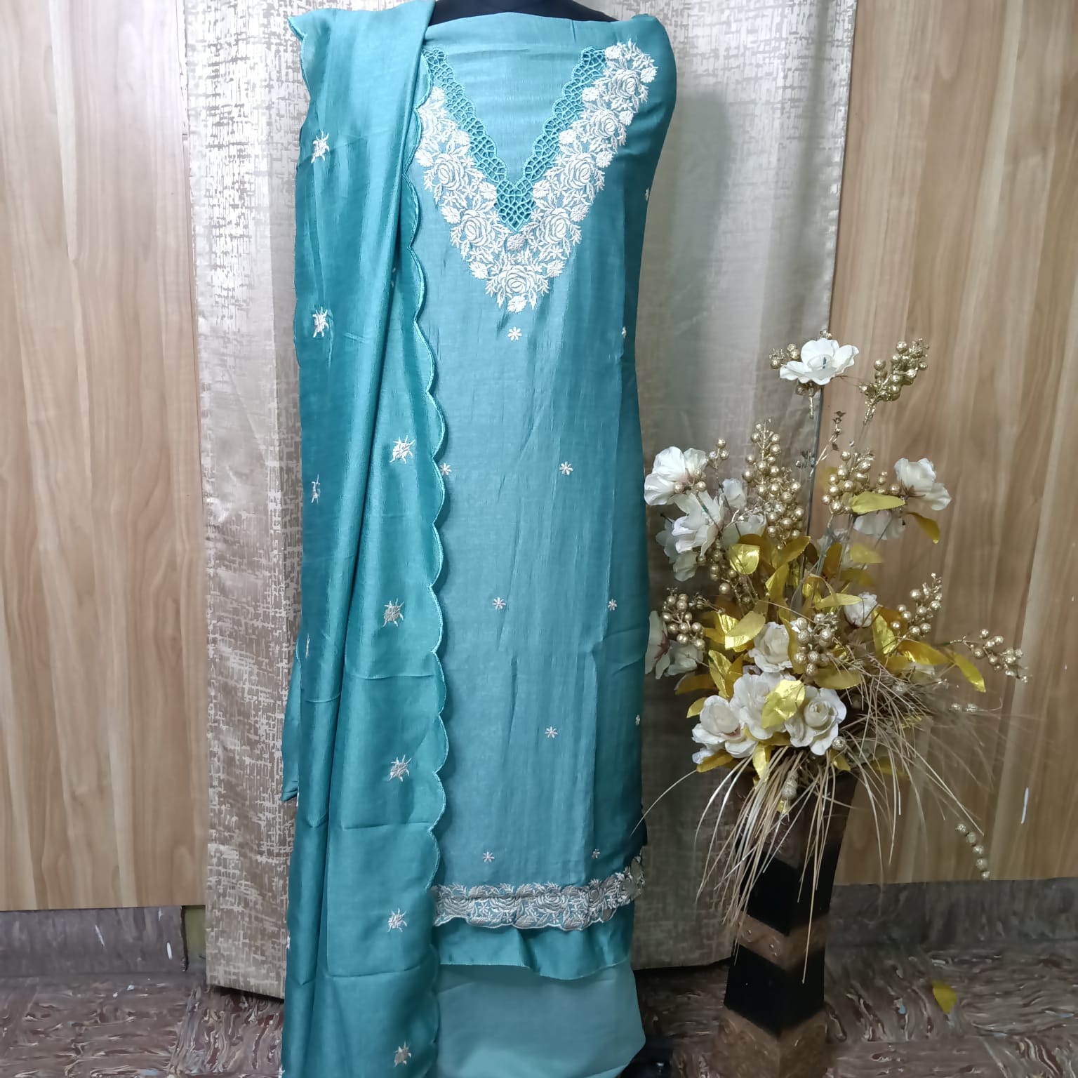 💙 Teal Blue Silk Chudithar Dress Material with Cutwork Embroidery
